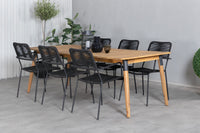 Julian ruokapöytä 210*100 - akasia + Lindos käsinojatuoli - musta alumiini / musta köysi
