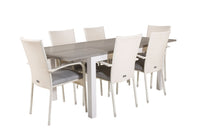 Albany ruokapöytä 152/210 - valkoinen alumiini / harmaa aintwood + Anna Arm -käsinojatuoli - valkoinen