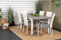 Albany ruokapöytä 152/210 - valkoinen alumiini / harmaa aintwood + Anna Arm -käsinojatuoli - valkoinen