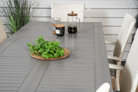 Albany ruokapöytä 152/210 - valkoinen alumiini / harmaa aintwood + Anna Arm -käsinojatuoli - valkoinen