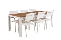 Bois ruokapöytä 200*100 - valkoinen alumiini / akasia + Santorini käsinojatuoli - valkoinen alumiini / tekstilene