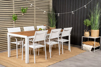 Bois ruokapöytä 200*100 - valkoinen alumiini / akasia + Santorini käsinojatuoli - valkoinen alumiini / tekstilene