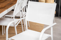 Bois ruokapöytä 200*100 - valkoinen alumiini / akasia + Santorini käsinojatuoli - valkoinen alumiini / tekstilene