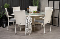 Volta ruokapöytä ø150 - valkoinen + Anna käsinojatuoli - valkoinen