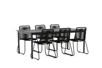 Modena ruokapöytä 200*100 - musta + Lindos ruokatuoli - musta / alumiini / köysi