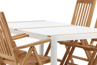 Togo ruokapöytä 200*100 - valkoinen / tiikki / alumiini + Kenya 5-asentoinen ruokatuoli - tiikki