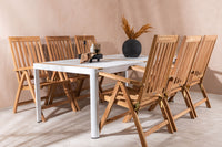 Togo ruokapöytä 200*100 - valkoinen / tiikki / alumiini + Kenya 5-asentoinen ruokatuoli - tiikki