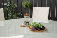 Volta ruokapöytä ø150 - valkoinen + Anna käsinojatuoli - valkoinen