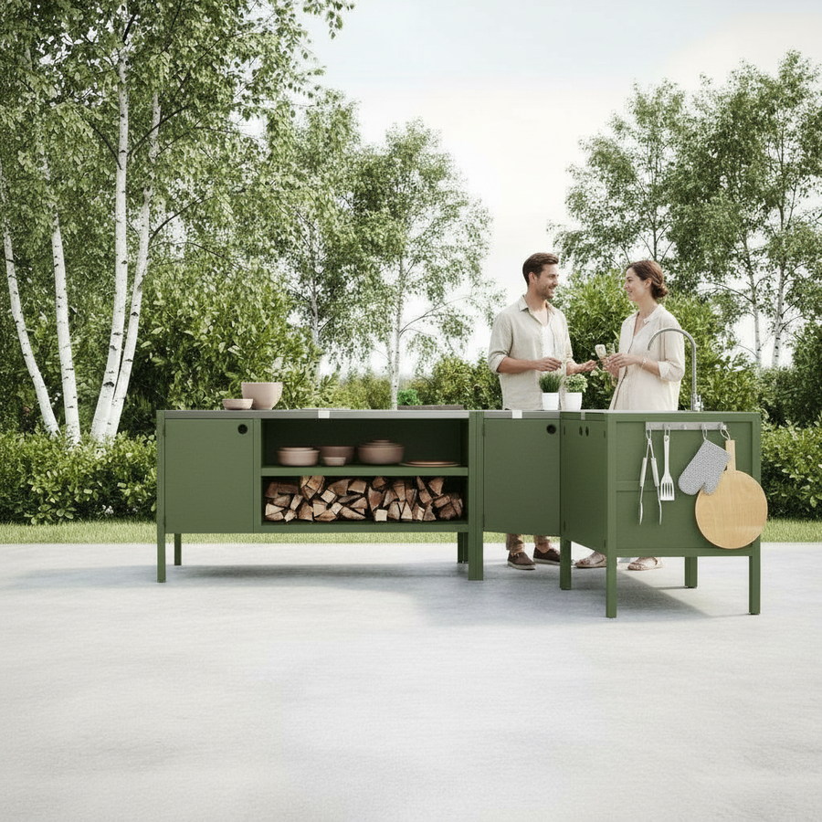 UMAMI ulkokeittiöpaketti, allasmoduuli, kulmamoduuli, moduuli 3, vihreä / ruostumaton teräs