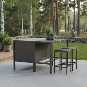 Umami-moduuli 2 baaripöydällä ja 2 baarituolilla, musta/ruostumaton.