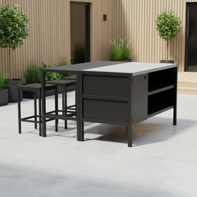 Umami-moduuli 3 baaripöydällä ja 3 baarituolilla, musta/ruostumaton.