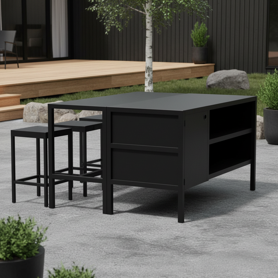 Umami-moduuli 3 baaripöydällä ja 3 baarituolilla, musta