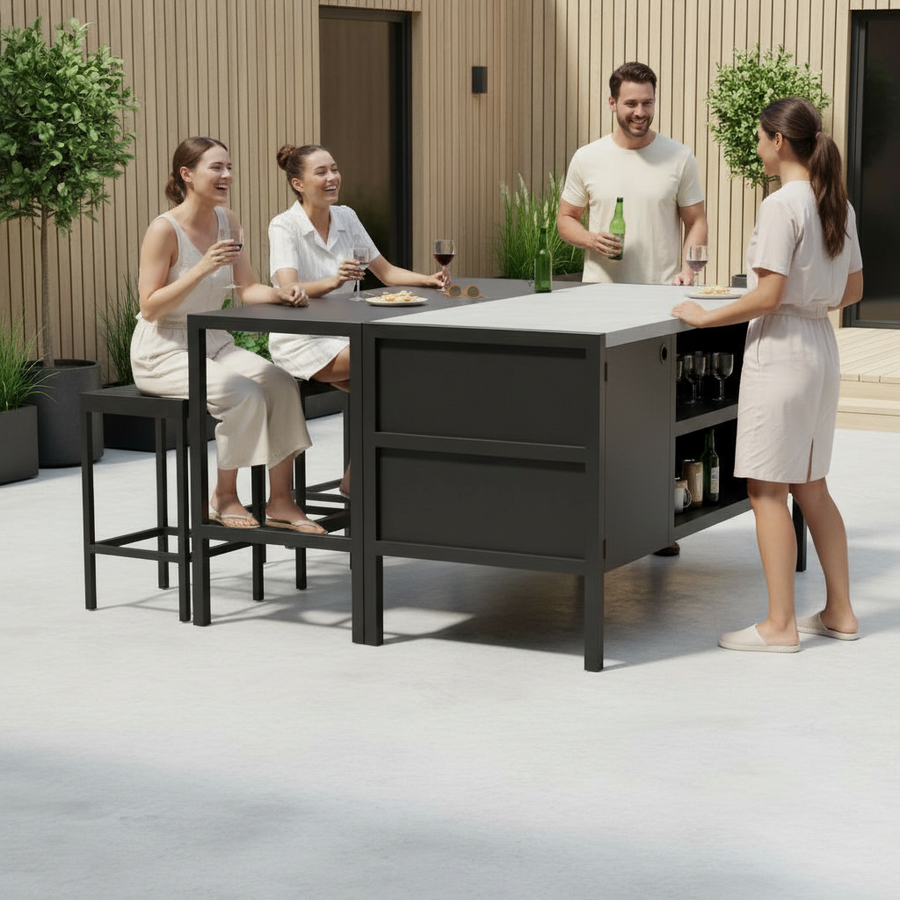 Umami-moduuli 3 baaripöydällä ja 3 baarituolilla, musta/ruostumaton.