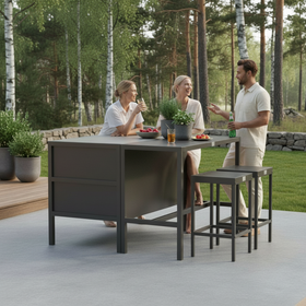 Umami-moduuli 2 baaripöydällä ja 2 baarituolilla, musta/ruostumaton.