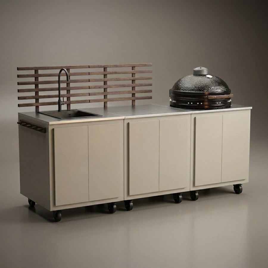 Gastro-ulkokeittiöyhdistelmä, jossa 3 moduulia + Kamado Nordic Flame 25"