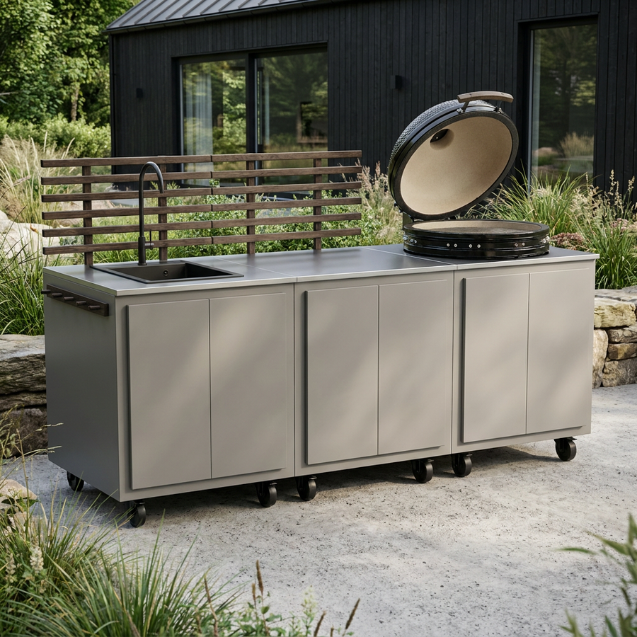 Gastro-ulkokeittiöyhdistelmä, jossa 3 moduulia + Kamado Nordic Flame 25"